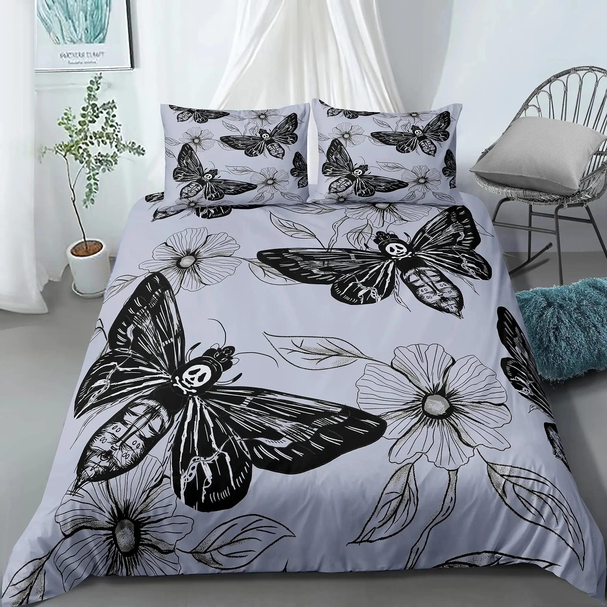 

Comforter Gothic Skull Death Moth And Flowers Comforter King Personalized Skeleton Bones Bedding Sets Black Cream Comforter (quilt)-EU Single(135*200cm)3pcs