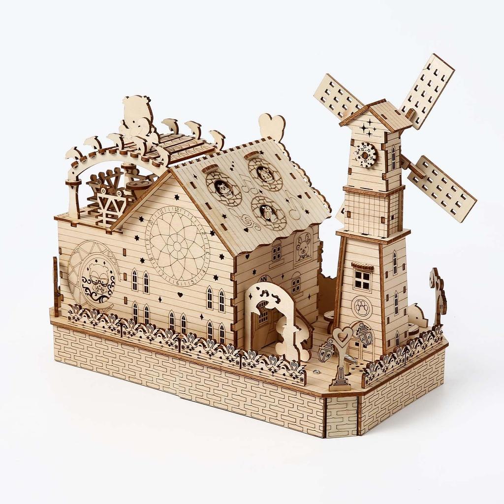 Hallisun 3D Wooden Cute Forest with LED Music Miniature Rotating Assembly Gift for Adults 14 and 174 Pieces Puzzle, Animals, Party, Lights, Box,