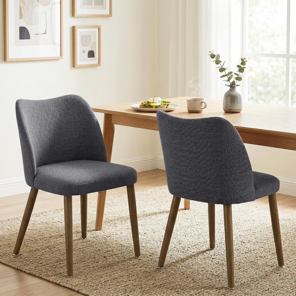Dining Chairs Set of 2, Linen Upholstered Kitchen Chairs with Padded Seat, Curved Backrest, Rubberwood Legs, Dark Grey