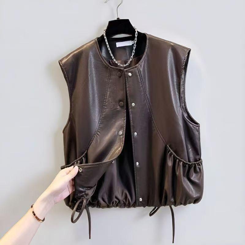 Damen Vintage Braune Kunst-PU-Leder Weste Kurze Biker Ärmellose Jacke High-End Motorrad Schichtoberbekleidung XXL kaffeebraun