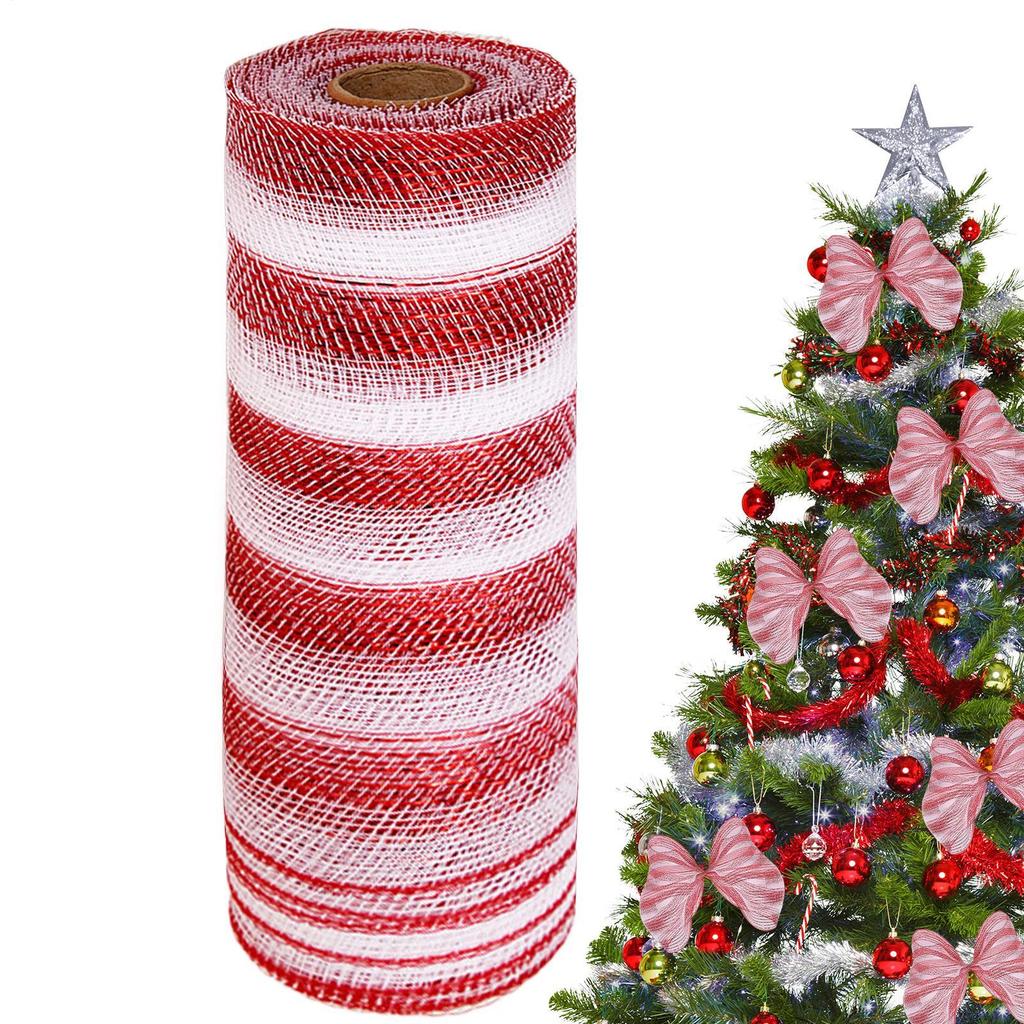 10 Yards Striped Mesh Ribbon Holiday Decoration DIY Wrapping Ribbons Cane Candy Christmas Wreath Tree Stripe Mesh Ribbon Decor
