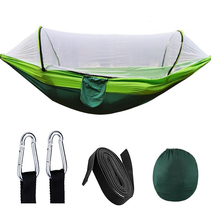 Quick-Open Mosquito Net Hammock: Outdoor Camping Pole Support, Anti-Rollover Nylon Hammock with Mosquito Protection.