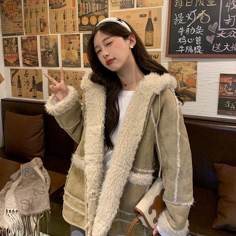 Winter New Hooded Fur Integrated Suede Jacket Imitation Lamb Wool Casual Thin Coat