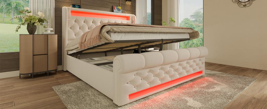 Upholstered Bed Double 140x200cm, with LED Lights, Storage Headboard with USB and Type-C Ports, Hydraulic Storage, Beige, Velvet (Without Mattress)