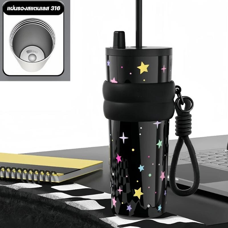 

Кружка из нержавеющей стали 710 мл с принтом «Звезда-цветок» и подъемной веревкой, вакуумная кружка для изоляции или охлаждения, термокружка, автомобильная кружка чёрный