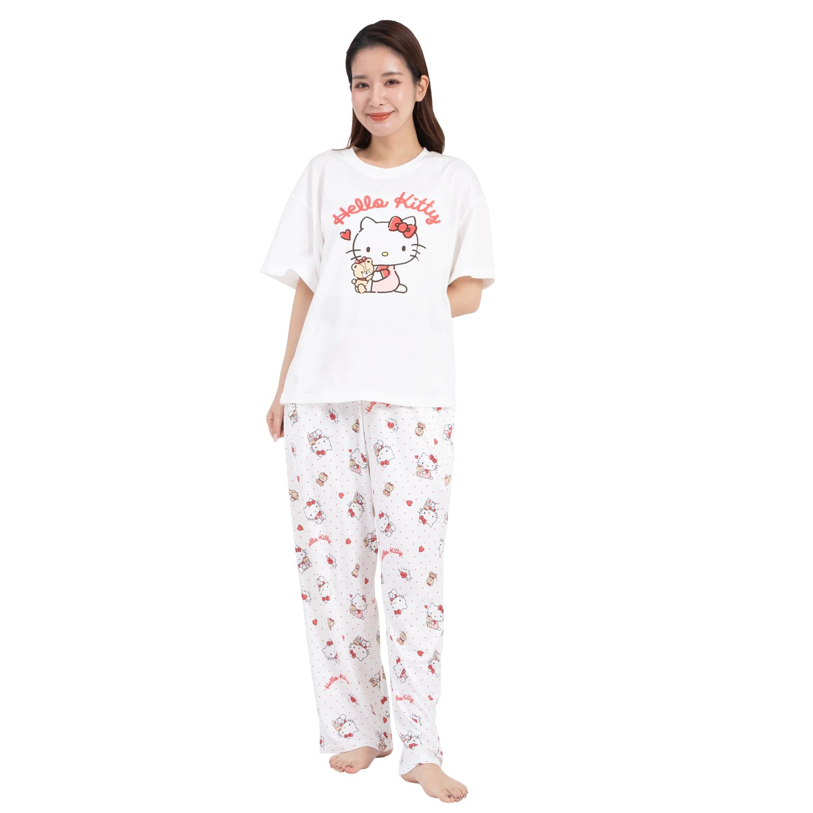 

Піжама Hello Kitty Пудрова Еластична З коротким рукавом Довгі штани Комплект верх і низ Домашній одяг Одяг для відпочинку Точковий Hello Kitty x [SAZAC] Комплект Жіночий (Білий