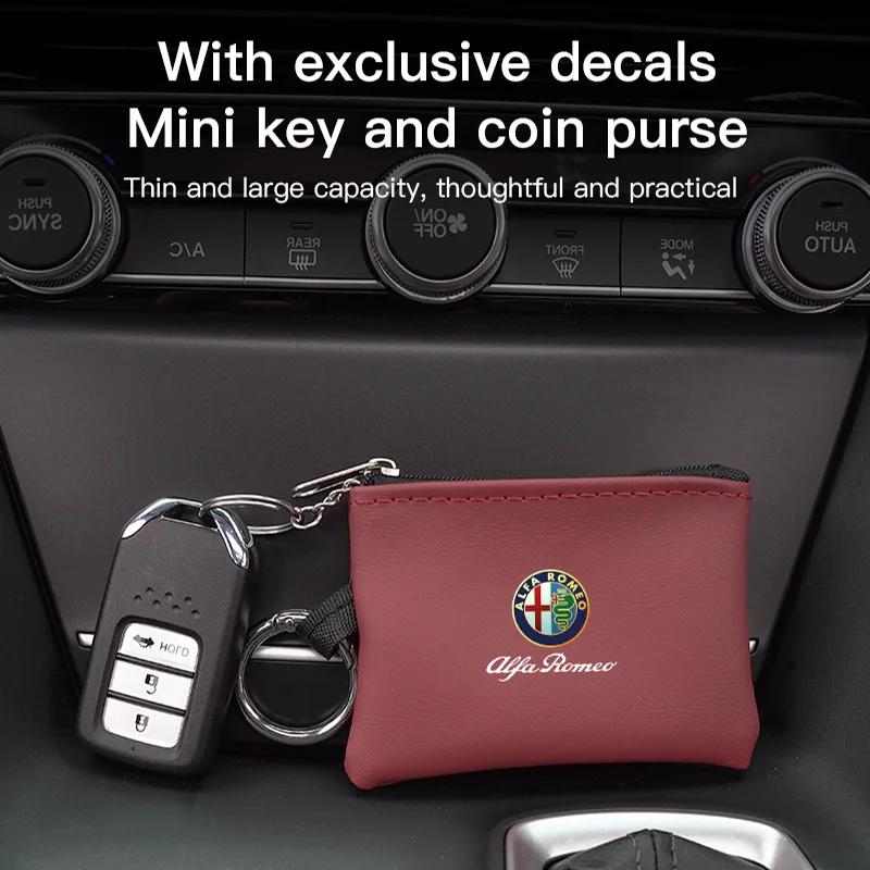 Naklejki samochodowe na kluczyki do samochodu Alfa Romeo, skórzana mini portmonetka na monety i karty do Alfy Romeo 4C 159 Spider Giulia Giulietta 156 Tonal