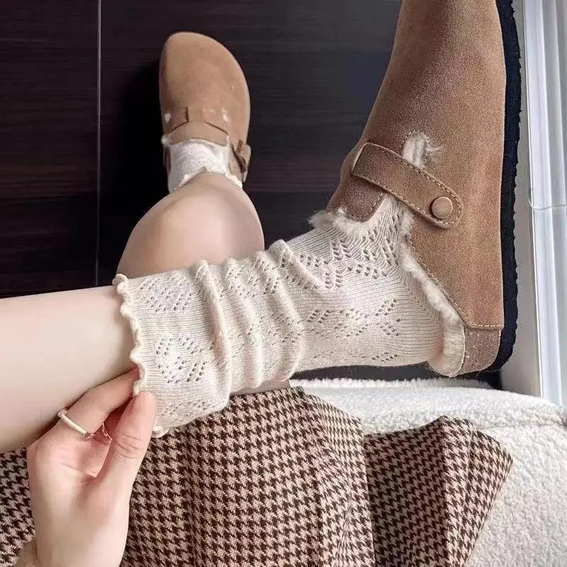 Women Socks with Lace Trim Hollow-Out Mesh Breathable Slouch Summer Spring Socks Solid Color Trendy and Versatile for Ins