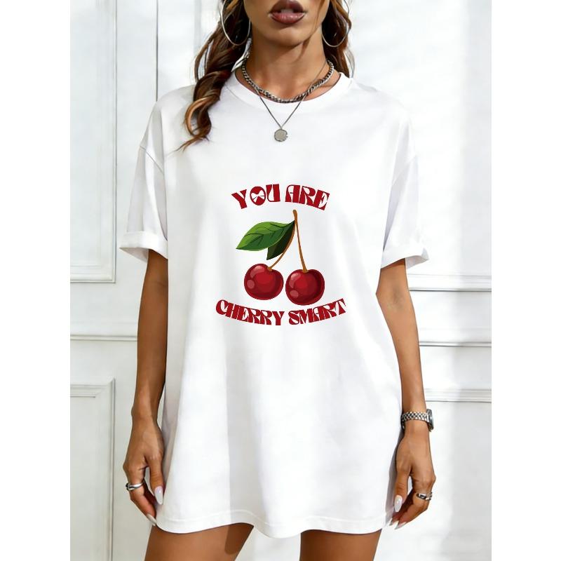 

Oversized T Shirt Black Cherry Print With You Are Cherry Smart Text Casual Streetwear For Women XXXXL білий