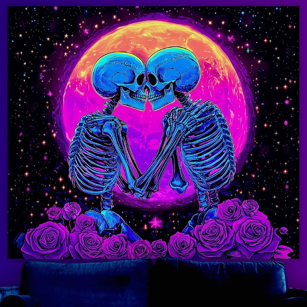 WEBEEDY Glow in The Dark Skull Tapestry UV Reactive Skeleton Lovers Moon Rose Tapestry,Halloween Trippy Aesthetic Backdrop Tapes 40x60cm