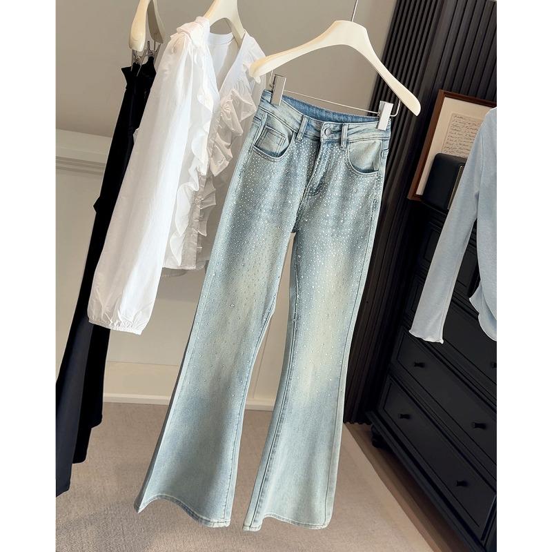 Small Gypsy Hot Diamond Slightly Pulled Jeans Women, Spring New High Waist Skinny Light Blue Flared Pants