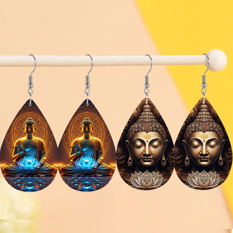 

Golden Meditate Buddha with Lotus Floral PU Earrings for Women, Boho Style Buddha Avatar Hoop Earrings, Women s Fashion Drape Earrings