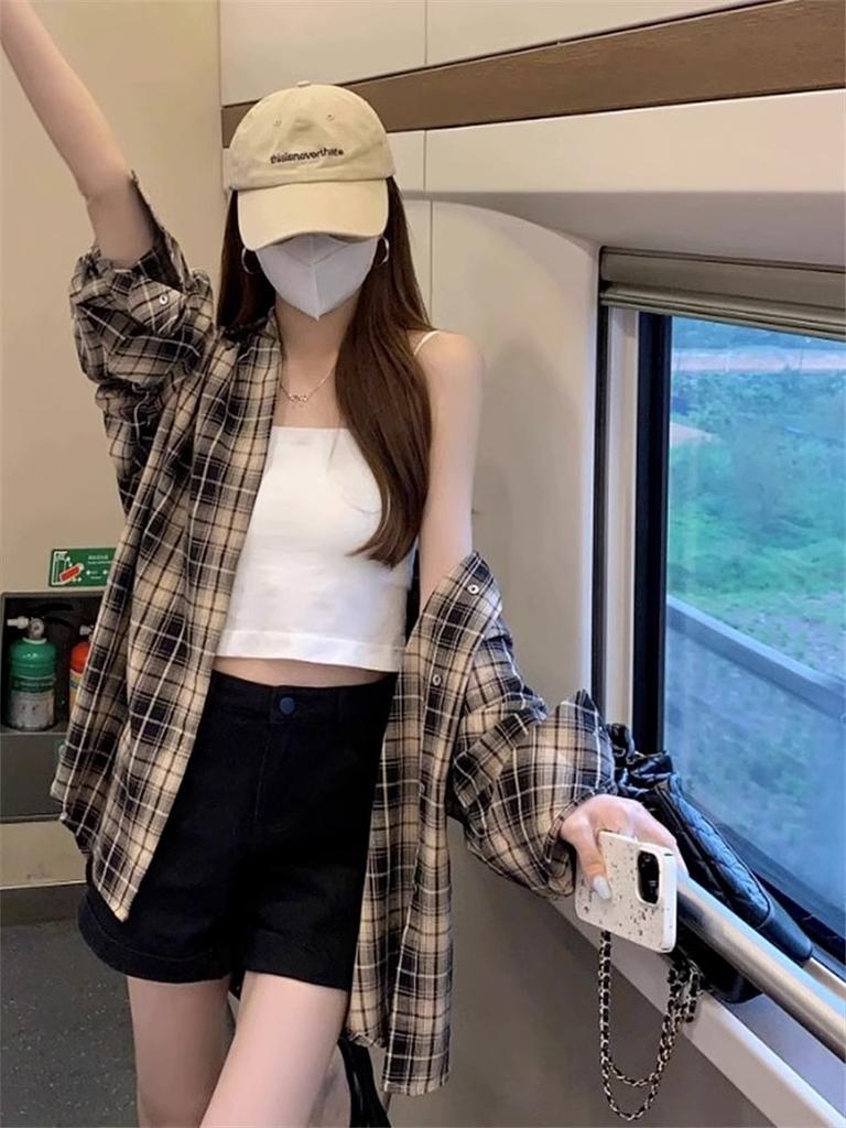 1116 New American Retro Plaid Shirt Jacket Early Autumn Women's Clothing Thin Loose Early Autumn Lazy Style Shirt