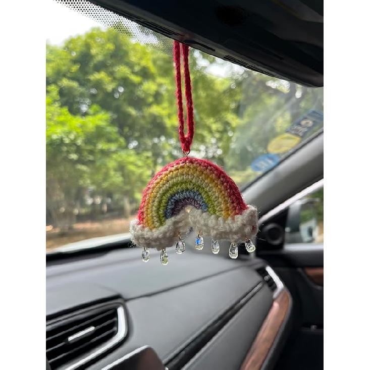 Crochet Galsang Flower Car Steering Wheel Covers,Seat Belt Cover,Car Interior Accessories Decorations (A,Steering Wheel Cover) H,Hanging Rainbow