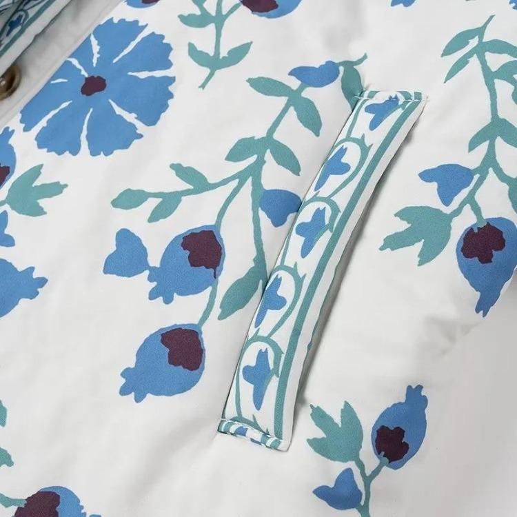 Elegant Women Cotton Jacket Floral Print Belted Coat Autumn Winter Fashion Long Sleeves Single Breasted O Neck Streetwear New Lady Outerwear