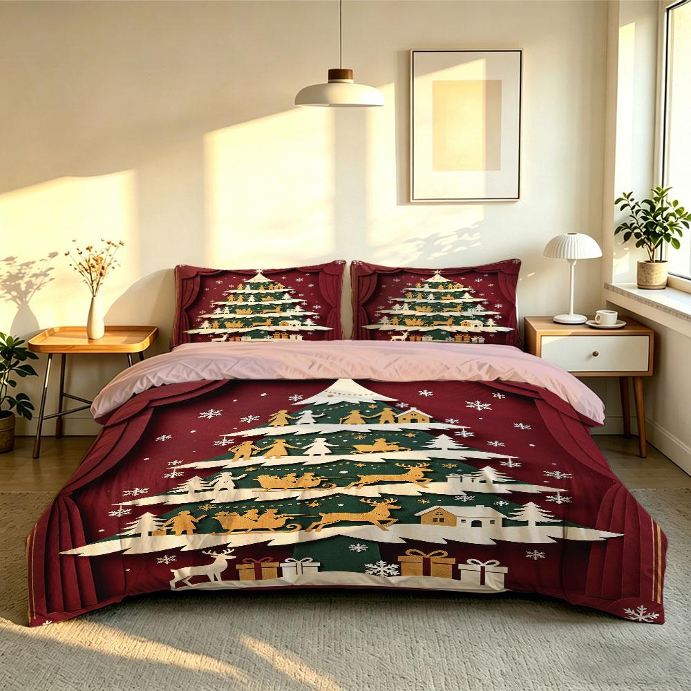 Christmas Duvet Cover Set 3Pcs 3D Paper Cut Xmas Tree Animals Print Soft Microfiber Bedding with Pillowcases
