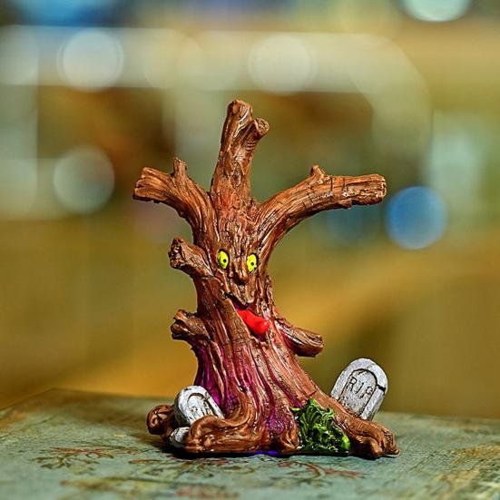 Halloweenská pryskyřičná ozdoba Strašidelný strašidelný dům Hrob Strom Démon Kořen Náhrobní kámen Socha s LED světlem Kreslená dýně Duch Figurka Ozdoba