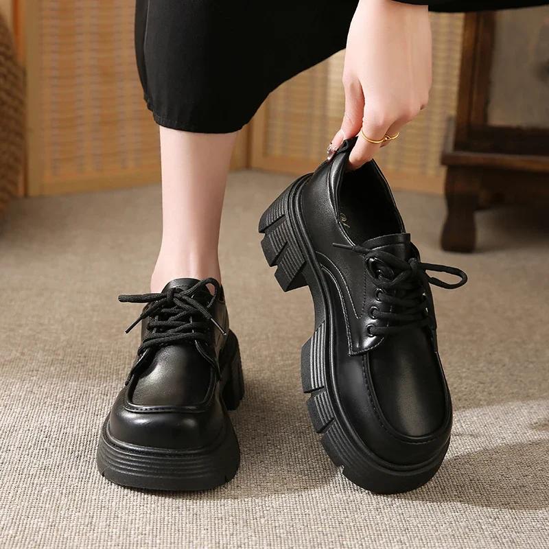 Fashion Female Shoes On Sale 2025 Brand Thick Sole Leather Loafers Lifts Height Slim Solid Color Slip-On Comfy Casual Shoes Heels Women