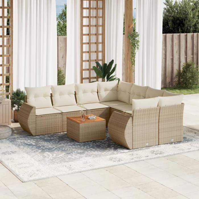 VidaXL Salon de Jardin avec Coussins 9 pcs, Canapés de Terrasse, Ensemble de Meubles de Patio, Mobilier d'Extérieur, Beige 3224931