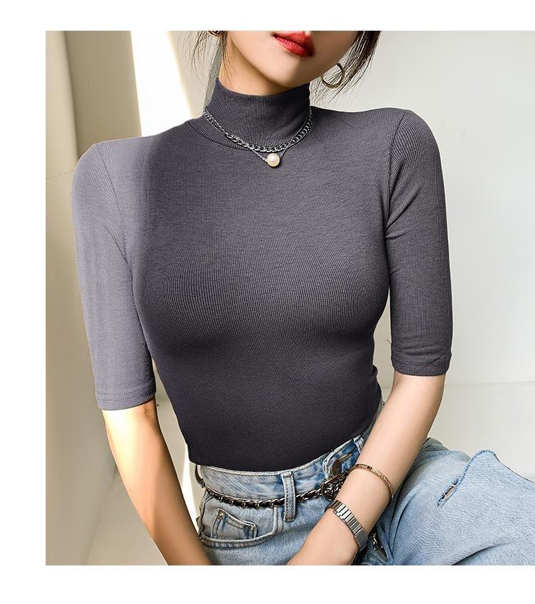 Elastic Slim Cotton Turtleneck T Shirts For Women Casual Short Sleeve Tee