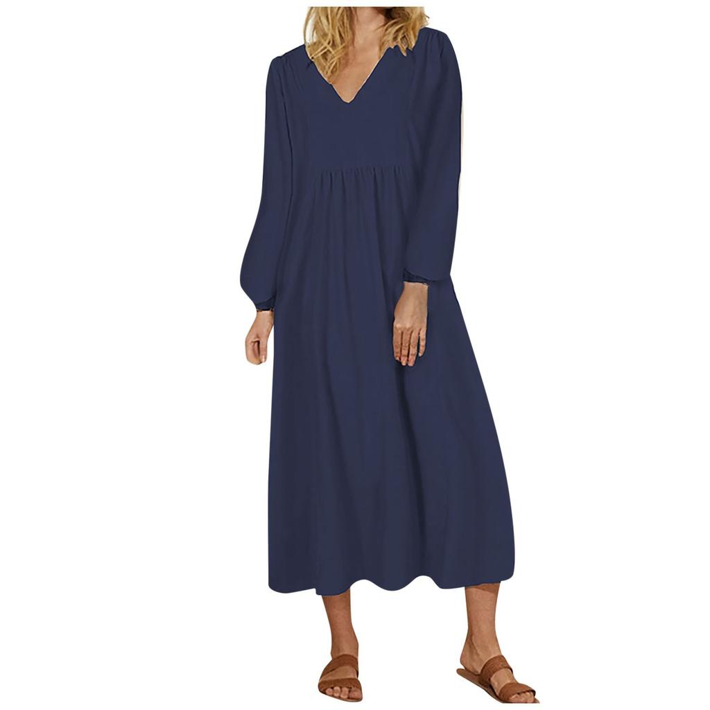 Women's Summer And Fashion V-neck Cotton Linen Loose Sleeves Long Sleeve Dress