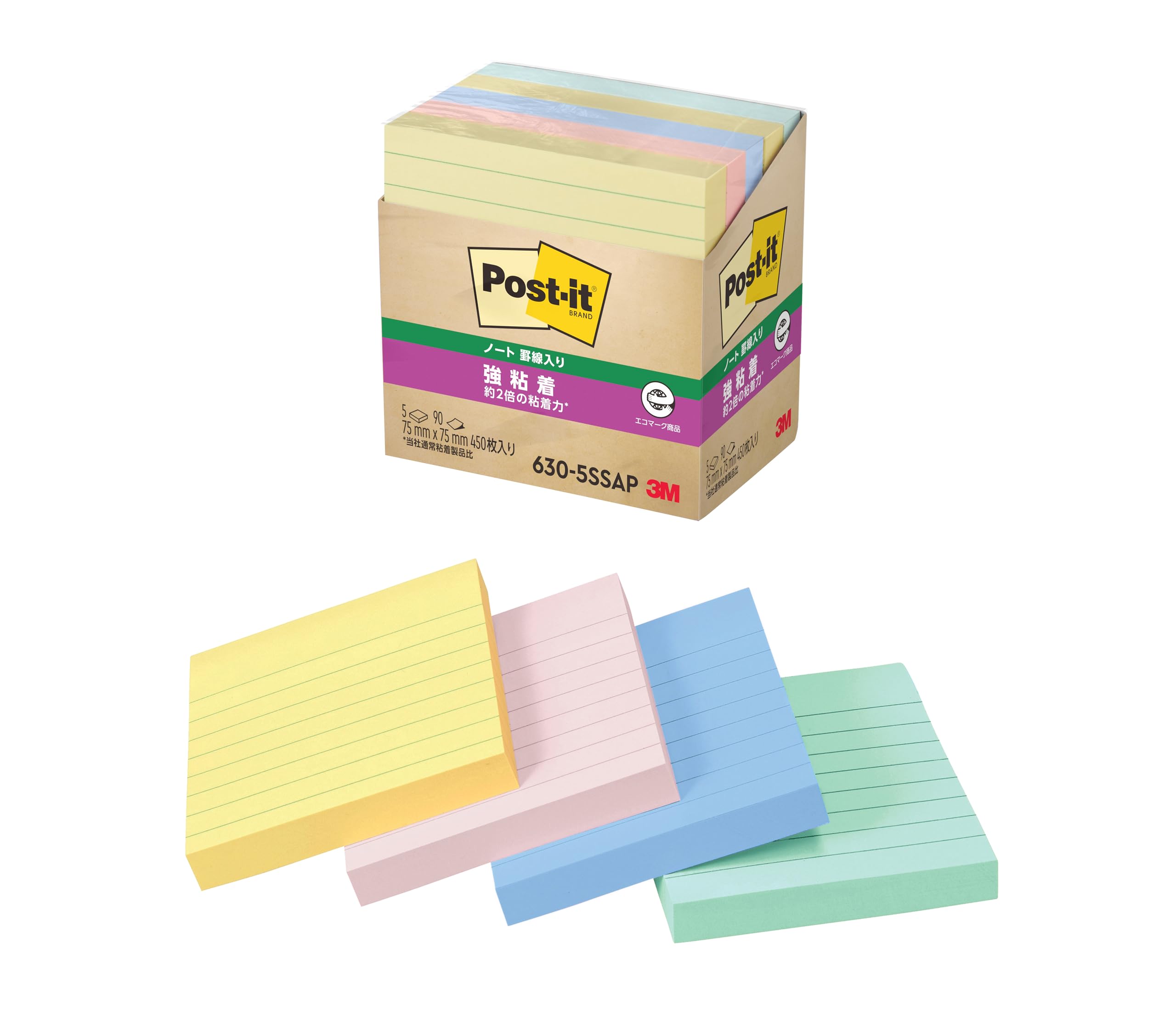 3M Super Pastel 75 x 75 90 листов x 5 Сертифицированы знаком Eco Mark Закон о зеленом снабжении Post-it Заметки, Клейкие, Большие, В линейку, Цвета, мм, блоки, 630-5SSAP,