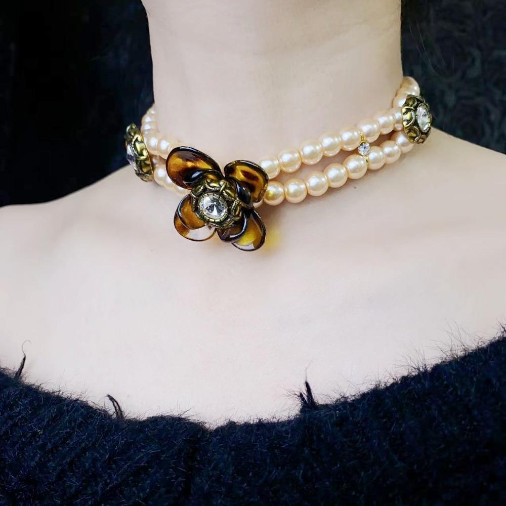 Rhinestone Pearl Beaded Choker Leopard Clavicle Chain Temperament Flower Heart Necklace  Gift