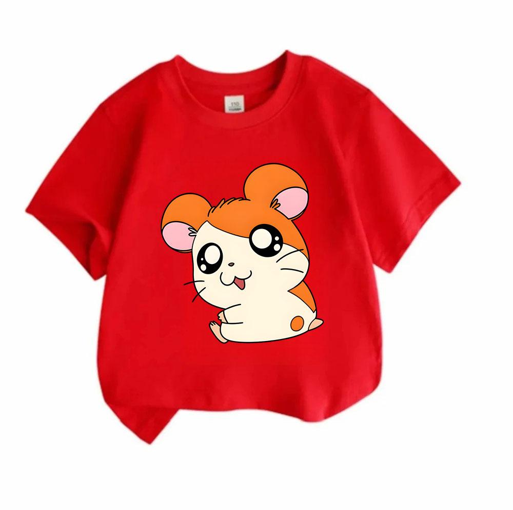Kids Boys Girls 100% Cotton Crew Neck Short Sleeve T-Shirt, Cute Orange White Cartoon Hamster Print Casual Soft Breathable Tee for Children Daily Wear
