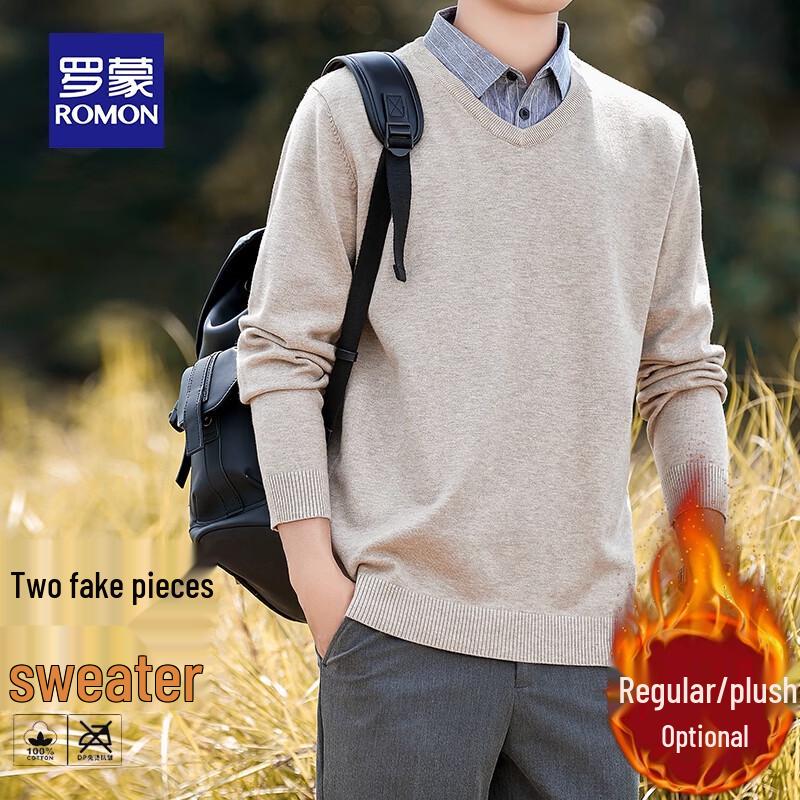 

Men s Fake Two-Piece Knit Sweater with Shirt Collar 4XL