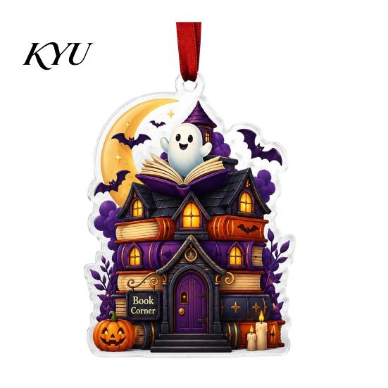 Halloween Festive Decorations Reading Ghost Hanging Ornament, Acrylic Holding Book Pumpkin Bookshelf Ornaments Black Cat Mummy Decor, 2D Cartoon