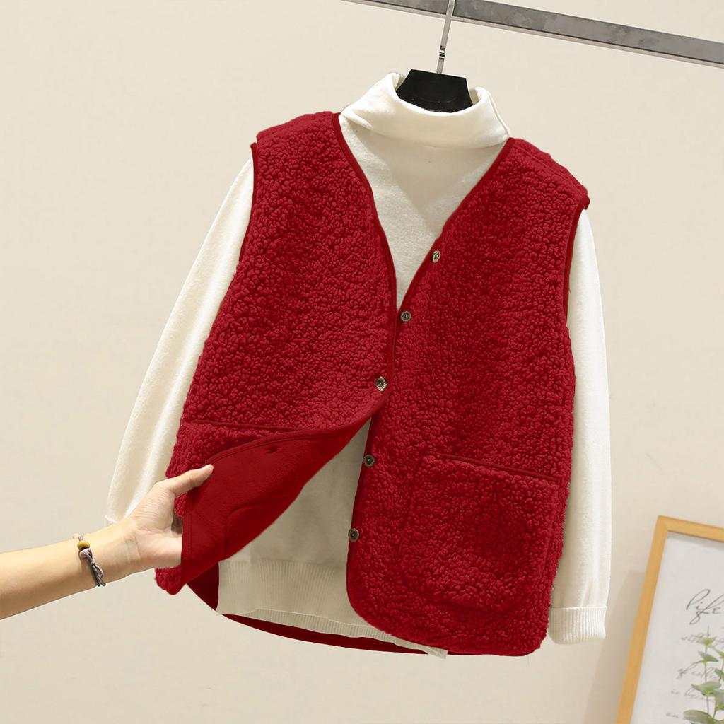 Women's V Neck Sleeveless Fleece Vest Loose Fit Casual Warm Waistcoat Jacket