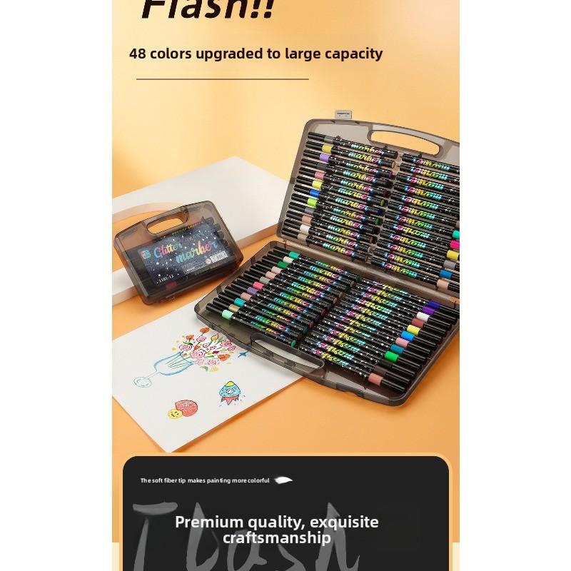 48 Renkli Simli Keçeli Kalemler - Simli Uçlu Neon Parlak Floresan Simli Kalemler, Yağ Bazlı Mürekkep, Orta Uç
