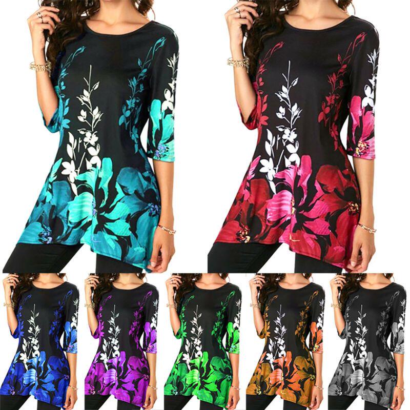 Plus Size Womens Asymmetric Floral Printed Short Sleeve Tunic Blouse For Summer Comfort