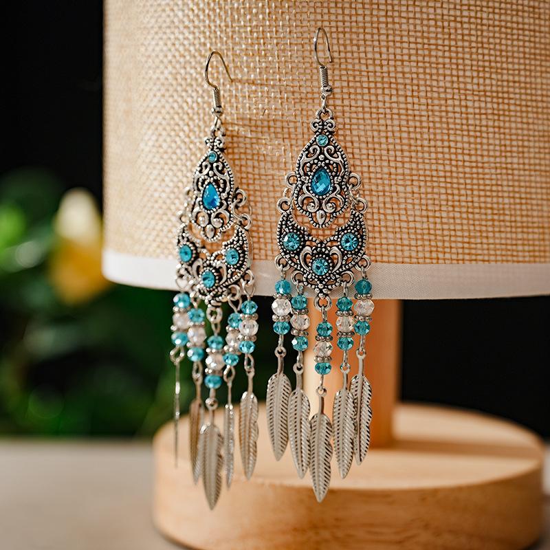 Boho Vintage Leaf Tassel Earrings For Women Geometric Crystal Rhinestone Beads Handmade Beach Vacation Drop Dangle Zircon Gift