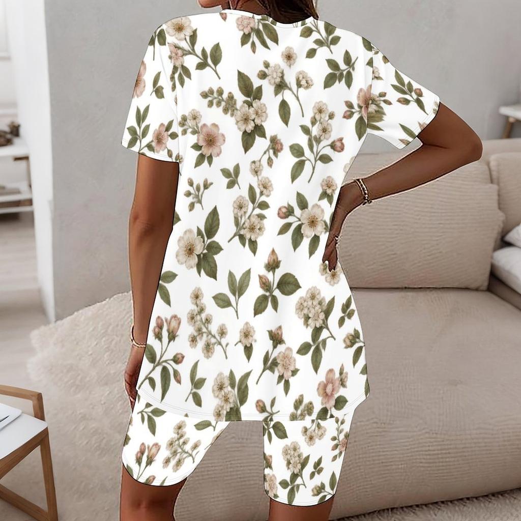 Women Plus Size Round Neck Short Sleeve White Floral Printed Two Piece Shorts Set
