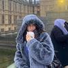 Womens Gradient Black White Dip-Dye Hooded Faux Fur Jacket Winter Warm Cozy Outerwear