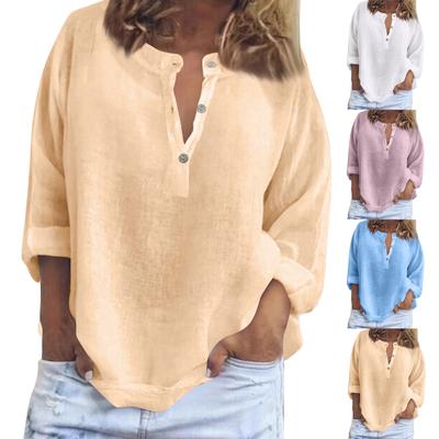 Camisa Casual de Lino de Manga Larga de Color de Moda para Mujer