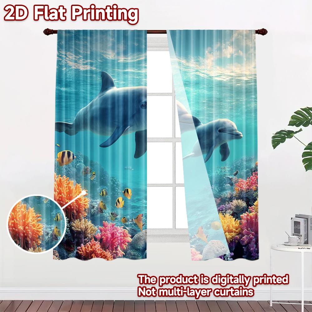 2D flat printing 2pcs Window Curtains Dolphins Coral Reef Ocean Life Digital Printed Polyester Drapes Family Party Decoration