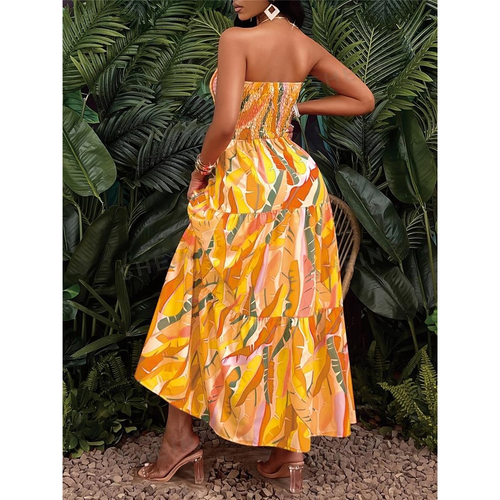 Women's sexy dress strapless elastic waist printed long dress