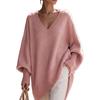Women V Neck Loose Sweater Mid Length Long Sleeve Cozy Knit Top Fall Winter