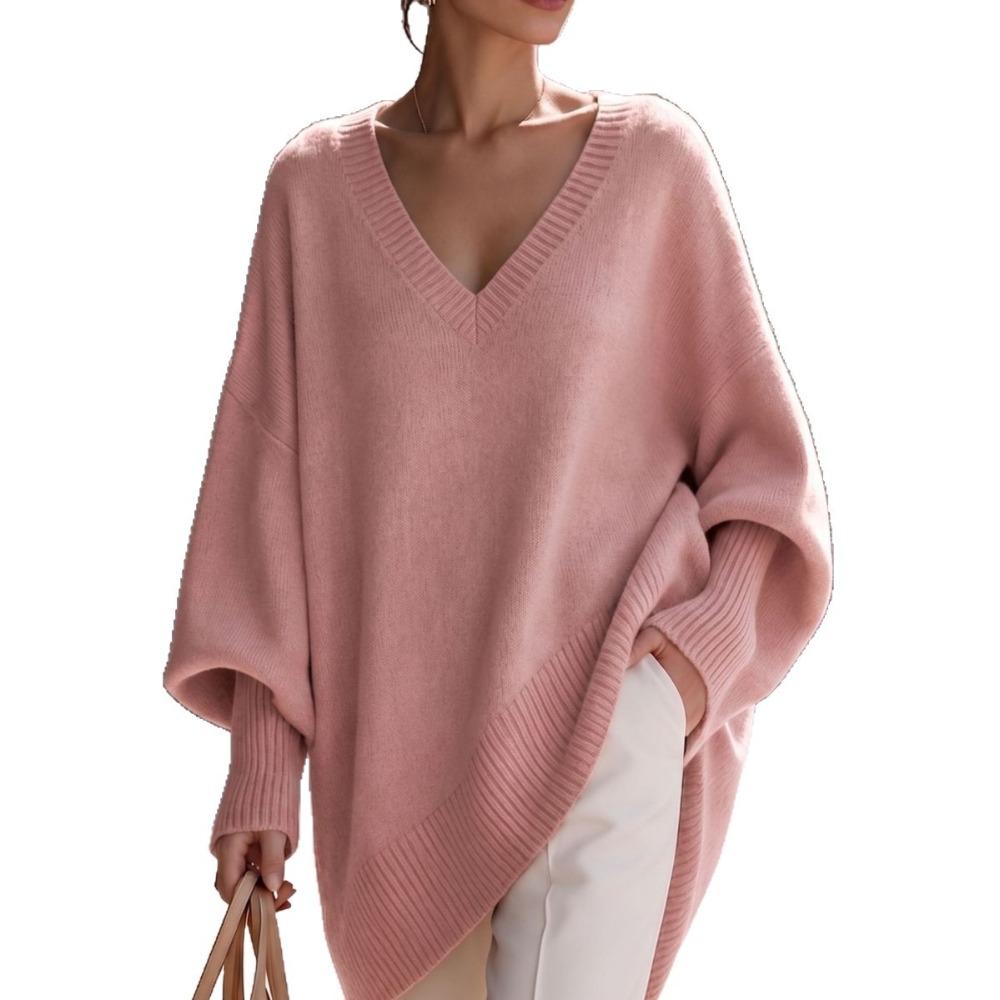 Women V Neck Loose Sweater Mid Length Long Sleeve Cozy Knit Top Fall Winter