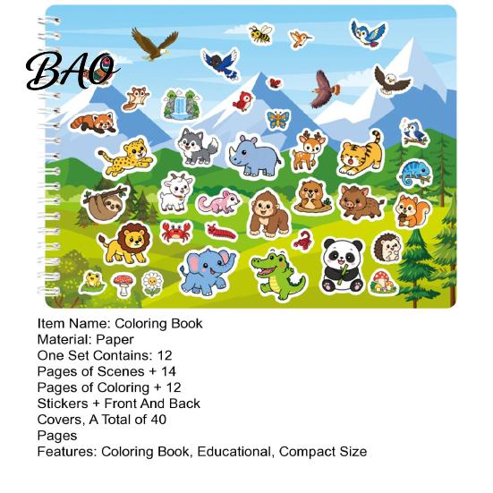 Creative Drawing Pads for Children Coloring Book with Animal Stickers, Rich Cartoon Patterns Coil Binding Skill Building Activity Book, Kids