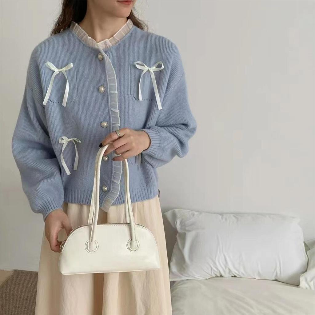 Sweet and Gentle Wind Pink Bow Knitted Sweater Top Foreign Style Sweater Spring Sweater Jacket Women