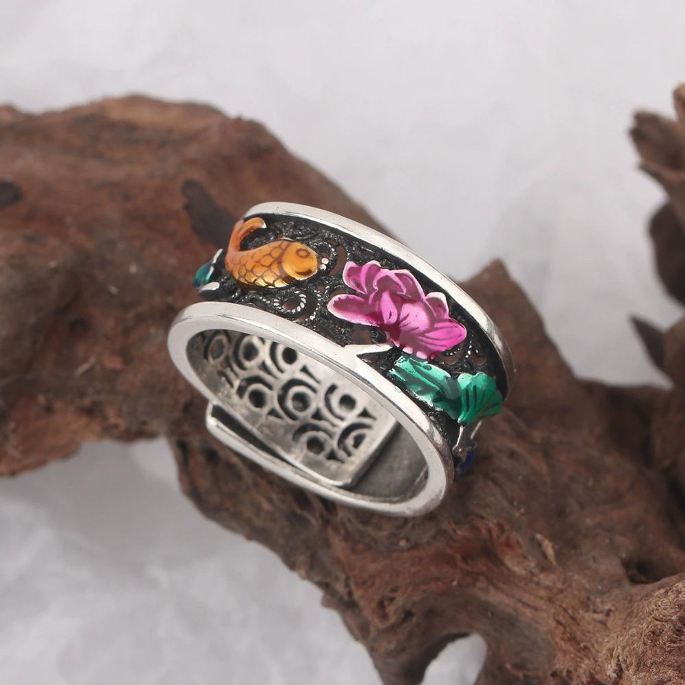 Vintage Ethnic Style Enamel Lotus Flower Koi Adjustable Rings For Women Fashion New Jewelry Gift Party Birthday Anillos