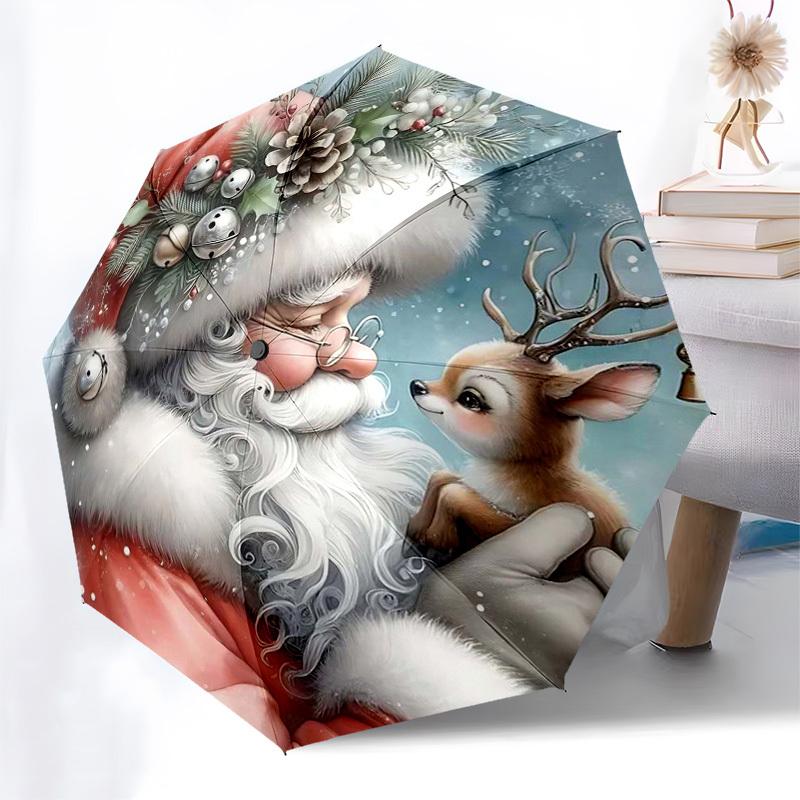 

1pc Christmas Santa Claus Deer Automatic Opening/Closing Umbrella, Festive Gift for Fans, Travelers & Daily Use (8 Bone Iron Frame, Portable Tri-Fold