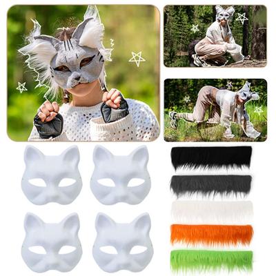 Cat Masque DIY Set White Paper Cat Masque with Eye Mesh Faux Fur Unfinished Cat Masque for Kids Adults DIY Painting