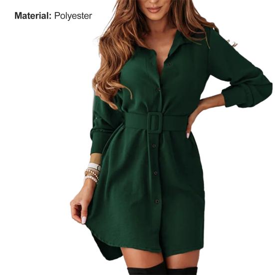 Lady Dress Solid Color Turn-down Collar Cardigan Single-breasted Mini Dress for Daily Wear