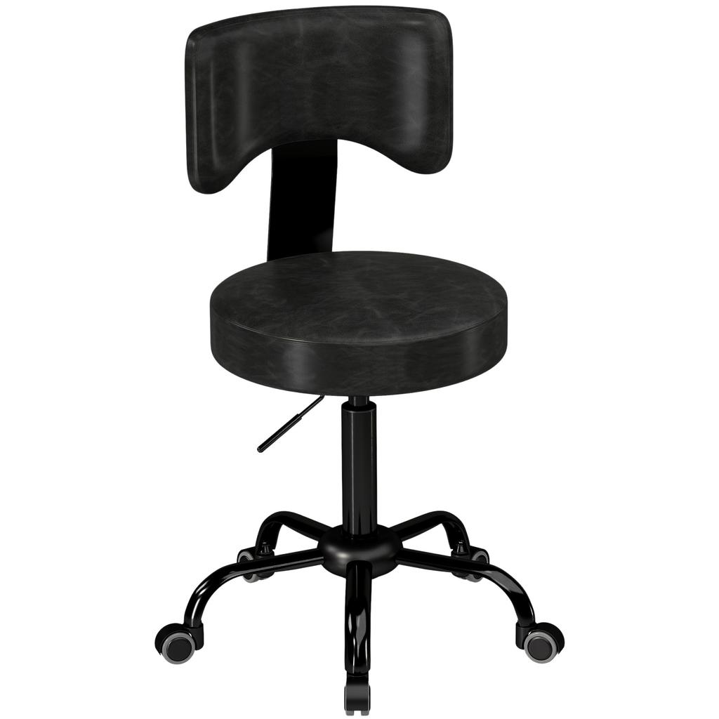Rolling Stool, Height-Adjustable Salon Chair Made of PU Leather with Padded Seat, Backrest and Casters, Black