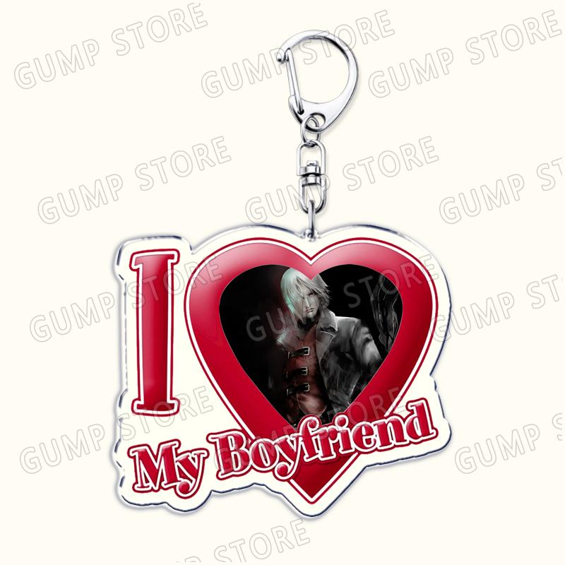 

Hot Action Game Key Chain Keychains for Bag I Love My Boyfriend Heart Demon Devil Cry Dante Keyring Jewelry Fans Friends Gifts