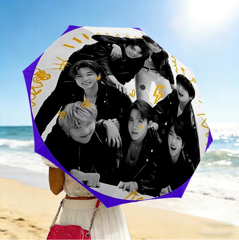 Kpop Stars 8 Rippen 3-fach Schwarzer Kleber UV-Schutz Schirm Sonnenschutz Regendicht Kompakter Faltbarer Schirm Für Reisen Tägliche Nutzung C923773